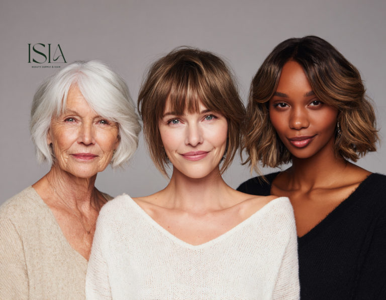 three women wearing wigs - cancer awareness month. Isla Beauty Supply and Hair.